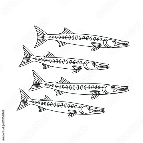 Simple black line art drawing of a pike fish in a minimalist style on a white background.