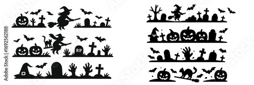Halloween silhouette border collection with witch on broomstick, spooky pumpkins, graveyard tombstones, bats, and black cats for festive decoration