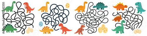 Educational dinosaur maze puzzle game for kids with cute cartoon dinosaurs finding the correct path to their eggs in a labyrinth activity