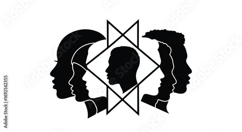 Diverse profiles arranged in a stylized geometric pattern, symbolizing unity and connection.