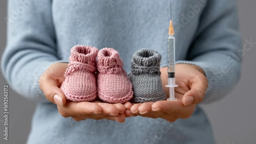 Pink baby bootie gray baby bootie syringe prenatal care vaccination newborn infant health knitted bootie maternal concern hopeful