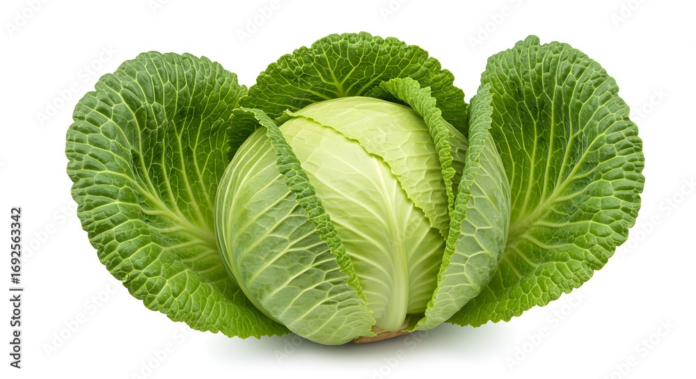 Obraz premium Freshly harvested cabbage with green outer leaves, isolated on white background