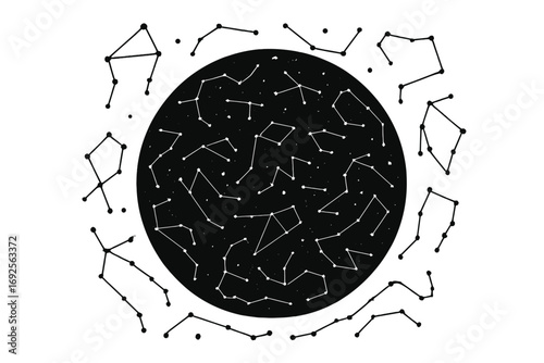Zodiac constellations and star map of the night sky with celestial bodies for astronomy and astrology horoscope