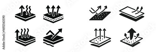 Breathable fabric property icons set showing waterproof, moisture wicking, quick dry, and thermal regulation technology symbols