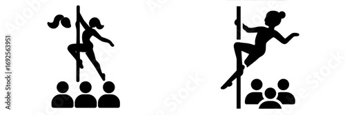 Pole dancer silhouette icon set with a woman performing for an audience in a club for entertainment or fitness