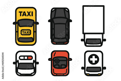 Top-down view icon set of various city transport vehicles including a yellow taxi cab, police car, ambulance, delivery truck, and passenger cars isolated on a white background