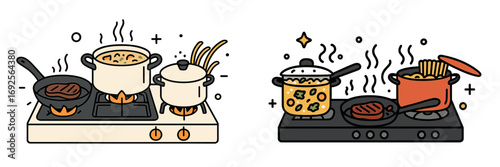 Cartoon kitchen stovetops with food cooking in pots and pans. Gas and electric cooktops preparing meals like steak, soup, and pasta