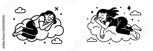 Woman sleeping on a cloud in the night sky with stars. Black and white line art icon set for rest, relaxation, and sweet dreams concepts