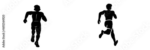 Black silhouette set of athletic men running in various poses for sports and fitness themes isolated on a white background