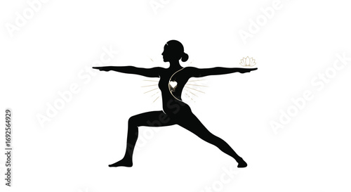 Silhouette of a woman in warrior two yoga pose, symbolizing strength and balance