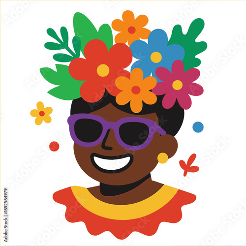 Vibrant papercraft portrait of a smiling Black woman wearing a colorful floral headdress and stylish purple sunglasses