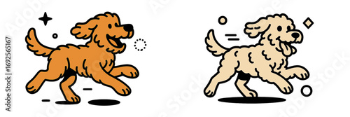 Happy Golden Retriever and Goldendoodle dogs running and playing in a cute cartoon comic style isolated on a white background