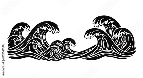 Stylized black and white illustration of powerful ocean waves crashing dynamically