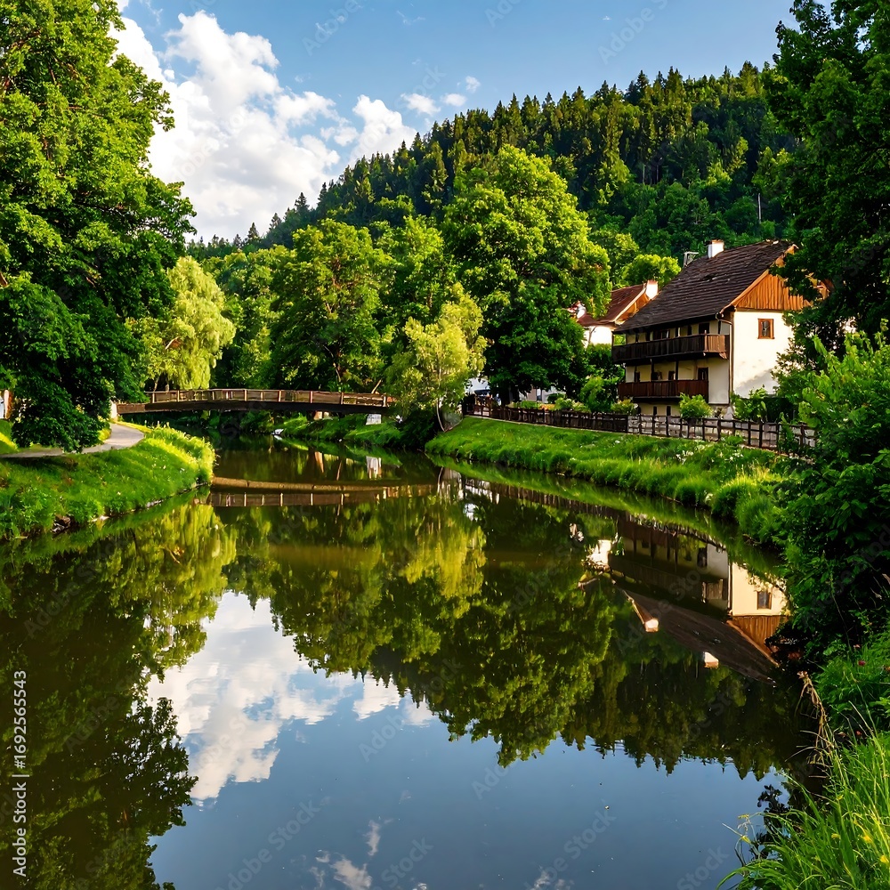 Fototapeta premium Peaceful river reflecting a village