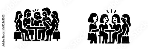 A set of two black glyph icons showing a group of female friends talking and socializing at a cafe table with coffee and shopping bags