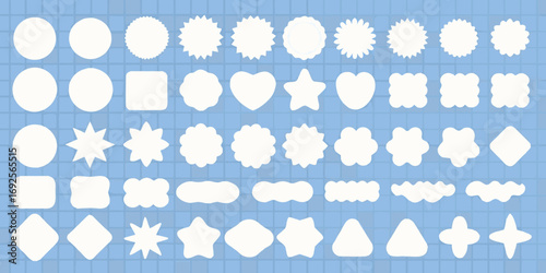 Collection of various white decorative shapes and icons on a blue grid background