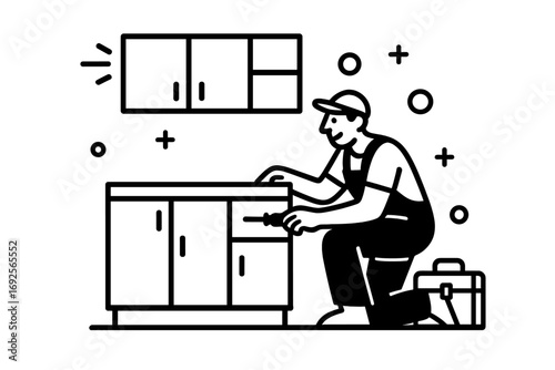 Handyman character assembling kitchen furniture for a cabinet installation service, a black and white concept for home improvement and repair