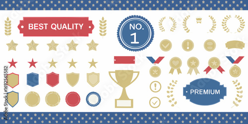 Collection of award ribbons stars shields medals trophy and laurel wreaths for best quality and premium recognition
