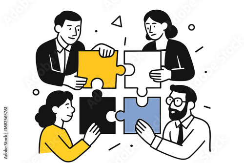 Diverse business team collaborating to solve a puzzle representing teamwork, partnership, and finding a corporate solution