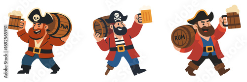 Set of three cheerful cartoon pirates with beards carrying rum barrels and drinking beer from wooden mugs