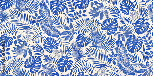 Seamless pattern of blue tropical leaves on a cream background a vibrant botanical design