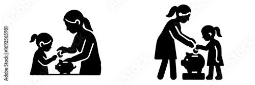 Mother teaching daughter about saving money with a piggy bank icon set, black silhouette of a parent and child learning financial literacy and investment concepts
