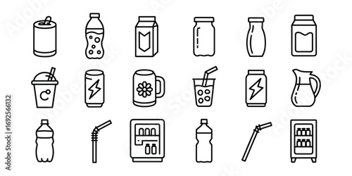 Beverage and drink container icons in line art on white background Keywords: drink, beverage, liquid, container, can, soda can