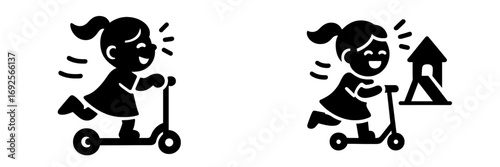 Happy girl riding a kick scooter to the playground black glyph icon set for childhood activity and outdoor recreation symbol
