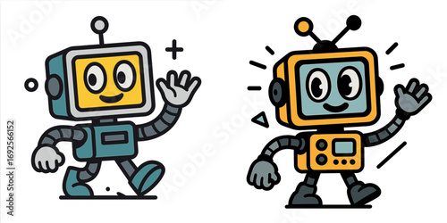 Set of two friendly cartoon robot characters walking and waving, cute futuristic android mascots with retro design isolated on a white background