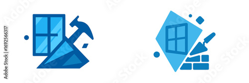 Set of blue construction icons for home improvement and renovation with window installation hammer and masonry trowel
