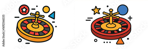 Set of two colorful roulette wheel icons representing casino games, gambling, and games of chance with abstract geometric elements