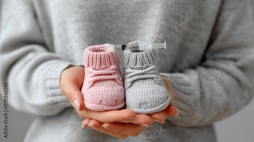 Vitro Fertilization concept ,knitted pink bootie and gray bootie held adult hand with syringe suggesting vaccination choice