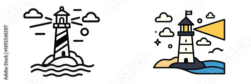 Lighthouse icon set with beacon light beam for maritime navigation on the sea coast with waves and clouds