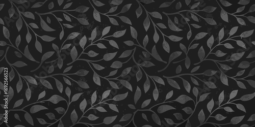 Dark elegant seamless pattern of stylized leaves and branches with a subtle watercolor texture