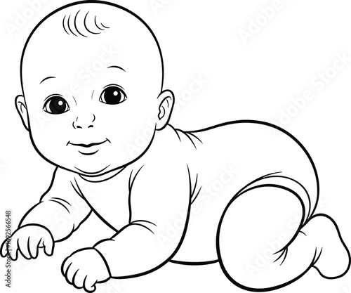 Crawling baby vector, infant line art, black and white illustration, cute child pose, early development stage, outline drawing, parenting concept, isolated