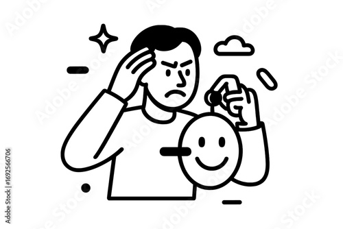 Man with an angry face hiding behind a happy smiling mask to conceal his true feelings and emotions about mental health and hypocrisy