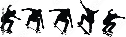 Skateboarding silhouette sequence, ollie trick motion, black figure jump, urban sport action, vector illustration, isolated white background, extreme sports concept,