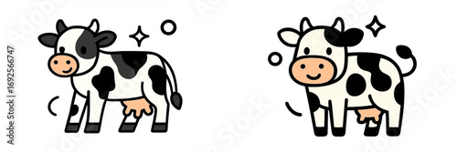 Two cute cartoon cows with black and white spots in a simple kawaii style, isolated on a white background for farm and dairy concepts