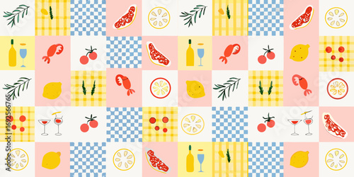 Whimsical summer picnic pattern with fruits drinks and seafood on a checkered background