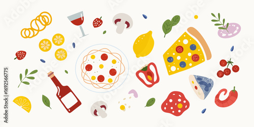 A vibrant flat lay illustration of pizza ingredients and a glass of red wine on a white background