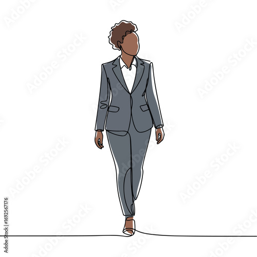 Simple black line art drawing of a businesswoman in a minimalist style on a white background.