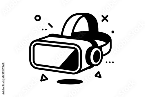 Black and white icon of a virtual reality headset for immersive gaming and metaverse experiences on a white background
