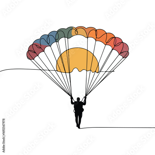Simple black line art drawing of a skydiving in a minimalist style on a white background.