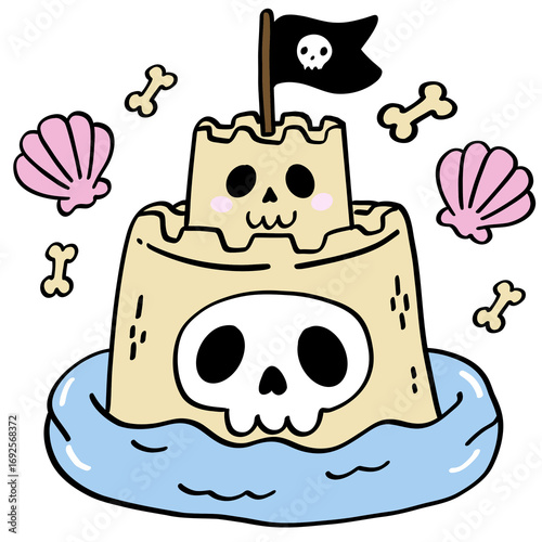 Playful summer sandcastle with skull designs and pirate flag surrounded by bones and seashells creates fun halloween vibe by water