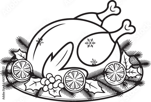 Black and white illustration of a roasted turkey with garnish