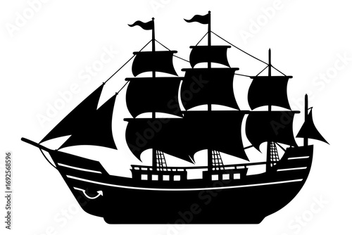 Silhouette of an old sailing ship with multiple masts and sails