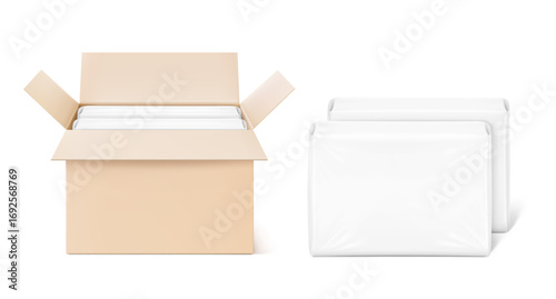 Realistic open kraft cardboard box with packaging bag mockup. Vector illustration isolated on white background. Suite for the presentation of diapers, pants, changing mats and etc.EPS10.