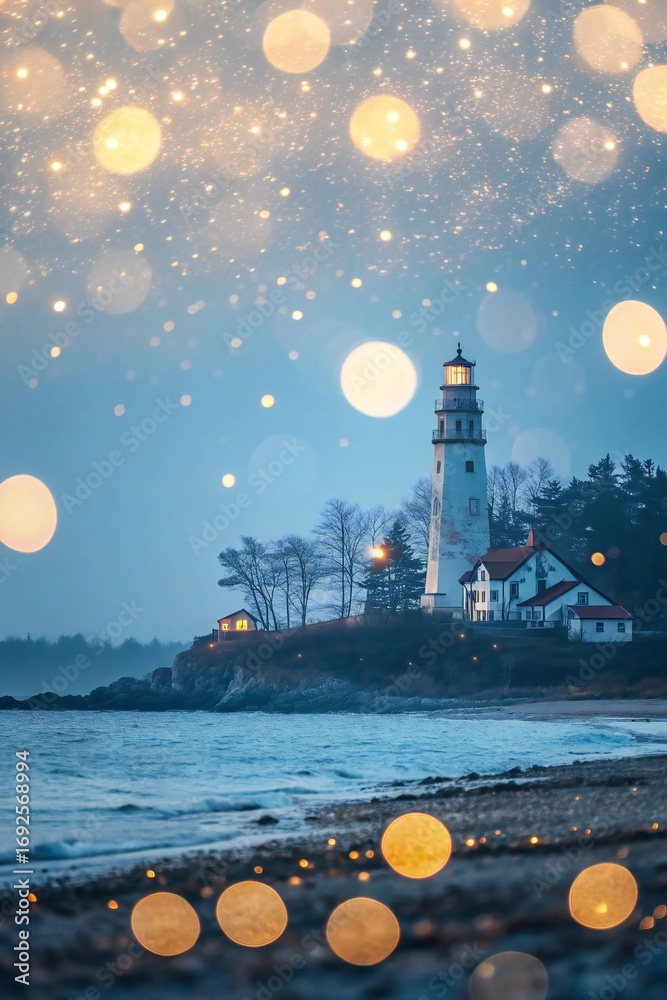 Obraz premium Aurora of Bokeh Lights: A blurred background resembling shifting auroras in soft blues, sprinkled with glowing golden bokeh orbs, impressionist dreamy style.
