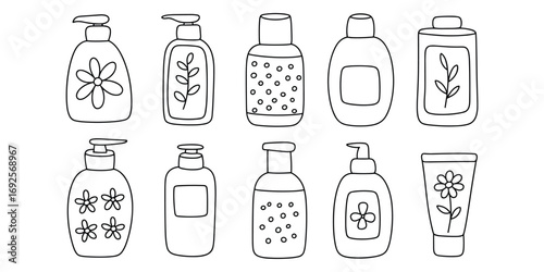 Hand Drawn Skincare And Soap Dispenser Bottles With Floral Designs pump dispenser leaf design