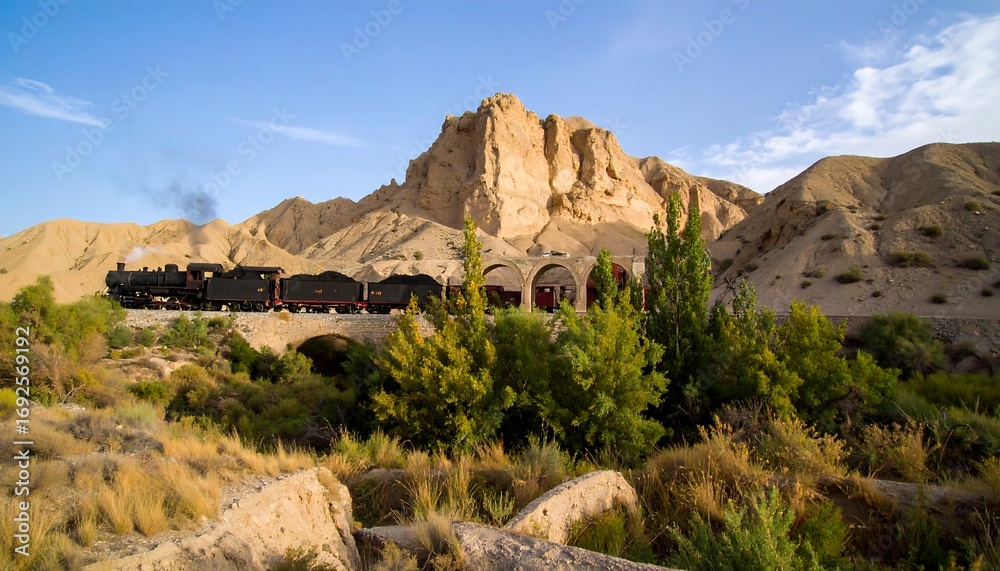 Fototapeta premium Steam train crossing a bridge in a desert landscape